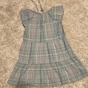 LOFT Gray and Blue Ruffled Sundress with Sweetheart Neckline